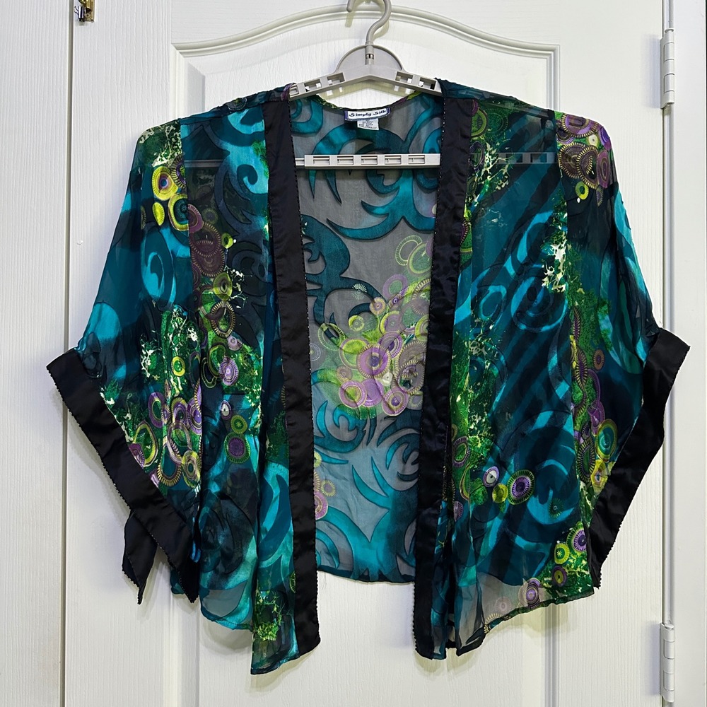 Simply Silk Kimono 2X Teal Green Psychedelic Whimsigoth Sheer Beaded Ethereal